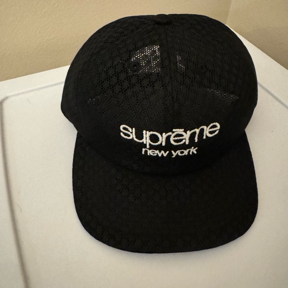 Supreme Black Mesh Cap with White Embroidery Snap back